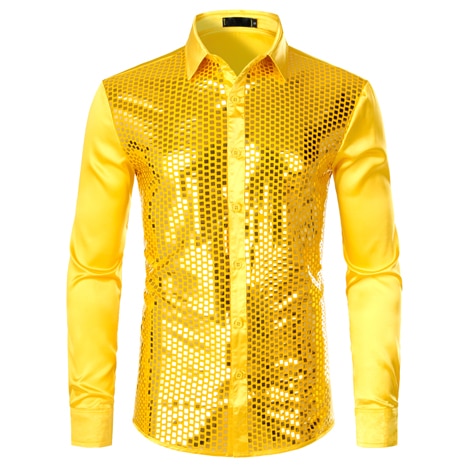 Shiny Gold Sequin Black Silk Men Dress Shirt
