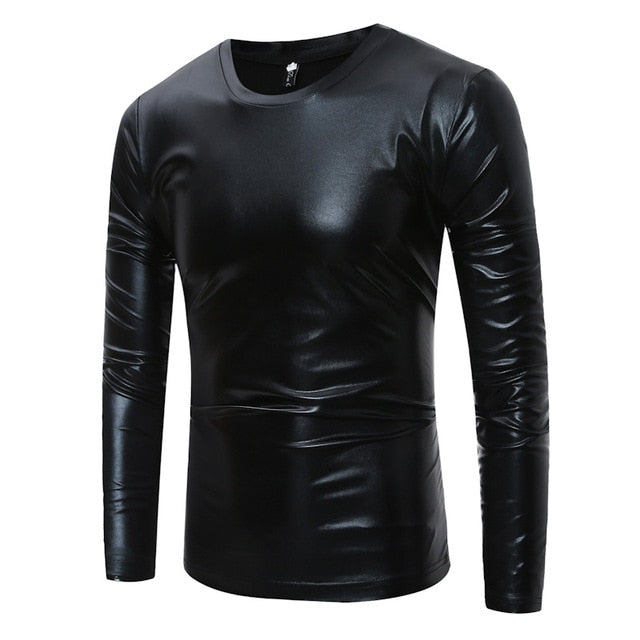 Shiny Coated Metallic V-Neck Casual Style Men T-Shirt
