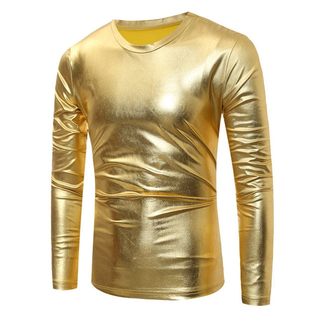 Shiny Coated Metallic V-Neck Casual Style Men T-Shirt