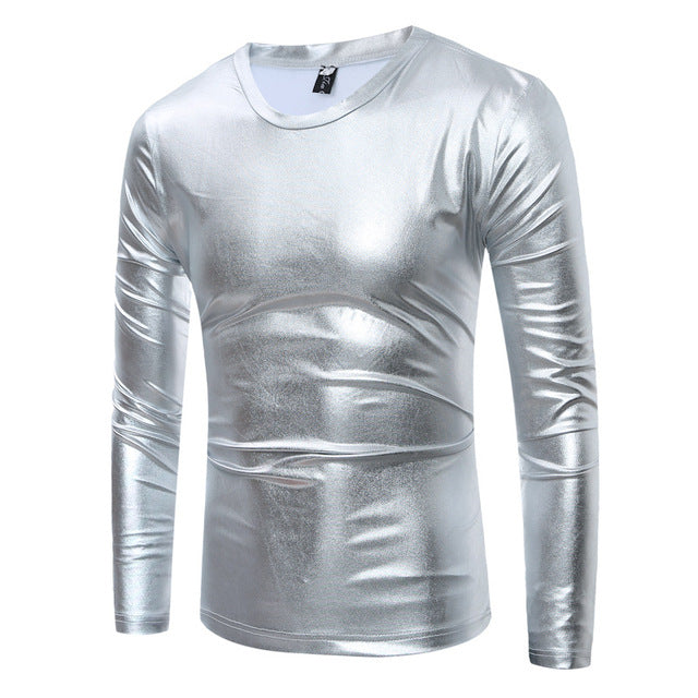 Shiny Coated Metallic V-Neck Casual Style Men T-Shirt