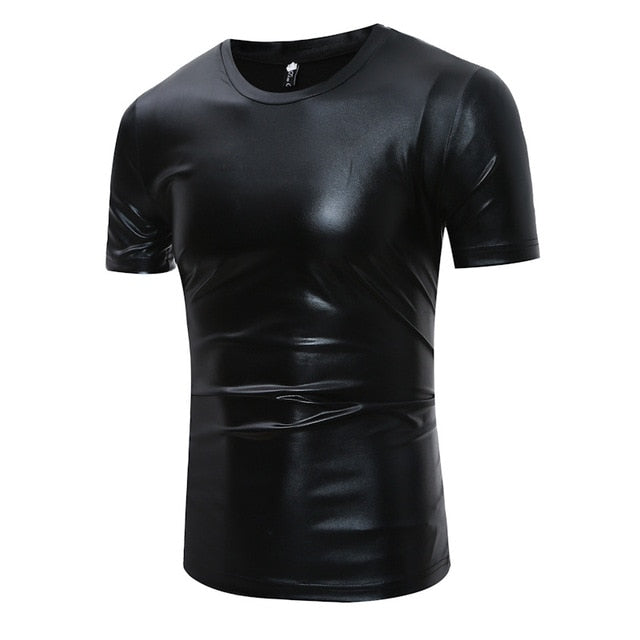 Shiny Coated Metallic V-Neck Casual Style Men T-Shirt