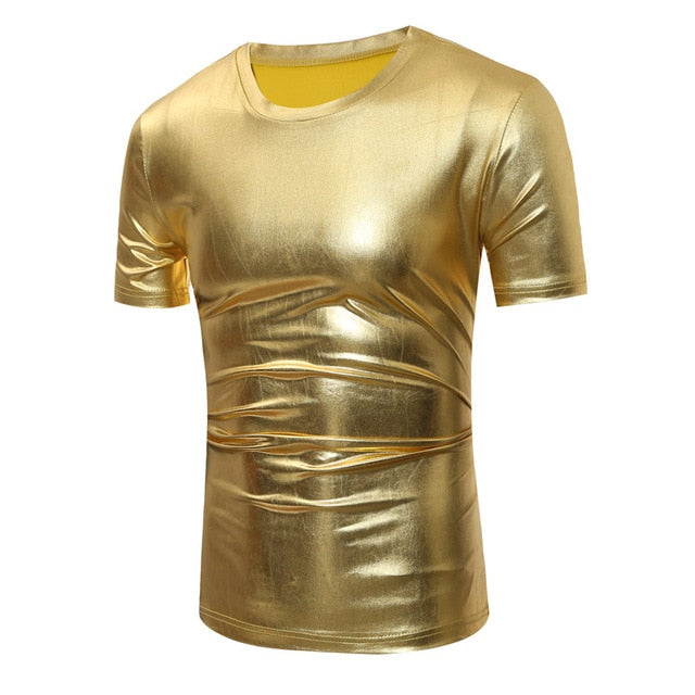 Shiny Coated Metallic V-Neck Casual Style Men T-Shirt