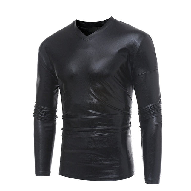 Shiny Coated Metallic V-Neck Casual Style Men T-Shirt