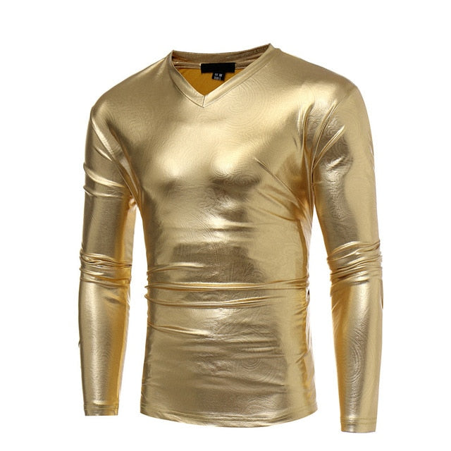 Shiny Coated Metallic V-Neck Casual Style Men T-Shirt