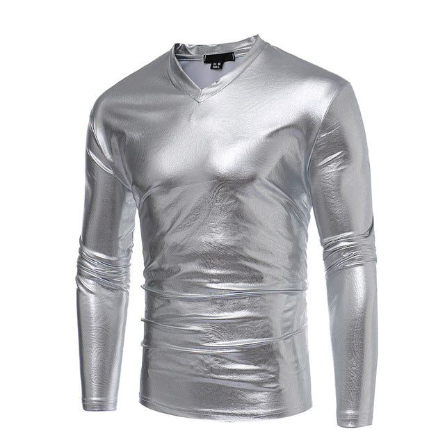 Shiny Coated Metallic V-Neck Casual Style Men T-Shirt