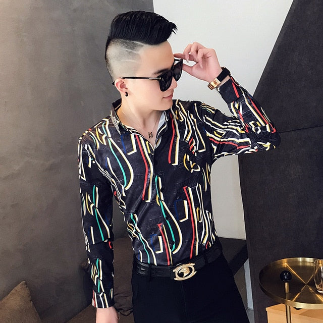 Colorful Thread Print Long Sleeve Slim Fit Casual Style Men Shirts