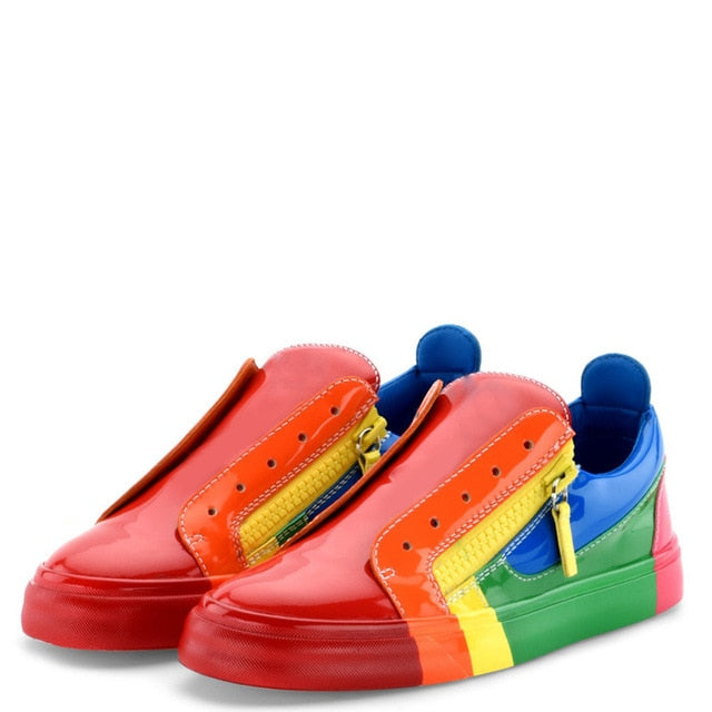 Patent Leather Rainbow Colors Men Zippered Sneakers