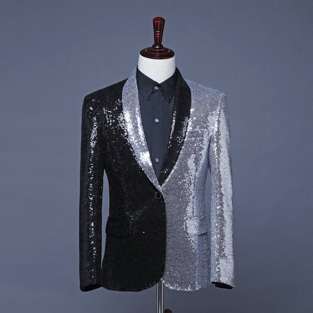Black Silver Sequins Shawl Lapel Casual Men Blazer