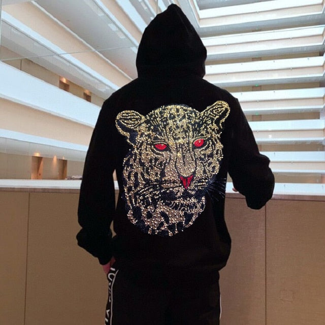 Tiger Hot Drill Rhinestone Decorated Hoodies