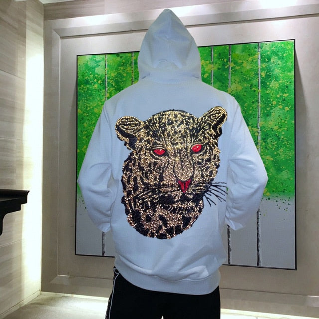 Tiger Hot Drill Rhinestone Decorated Hoodies