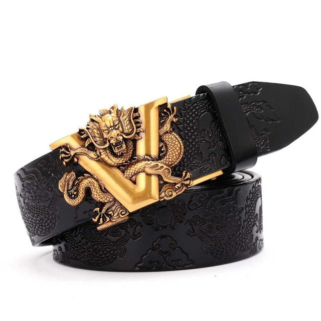 V Dragon Carved Buckle Men Leather Belt