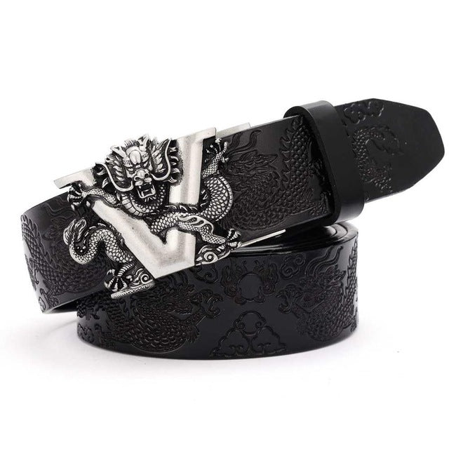 V Dragon Carved Buckle Men Leather Belt