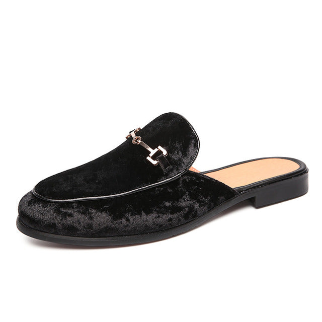 Metal Accent Velvet Men Classic Open Loafers