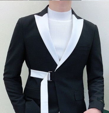 Asymmetrical Belt Accent Two Tone Men Blazer Suit