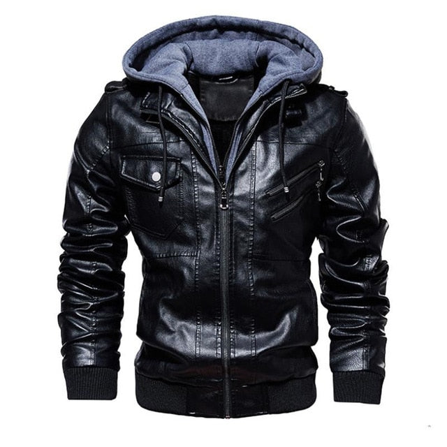 PU Leather Solid Color Zipper Closure Hoodie