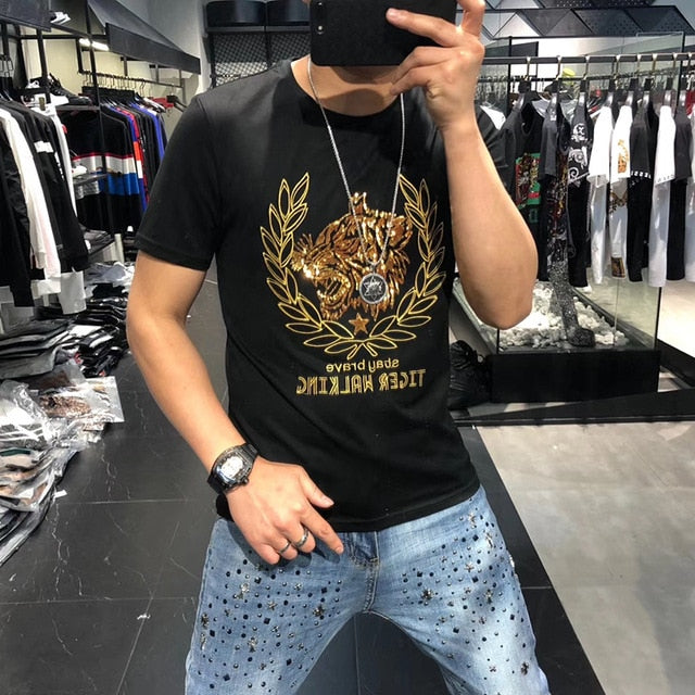 Tiger Head Mixed Print Sequin Men T-Shirt