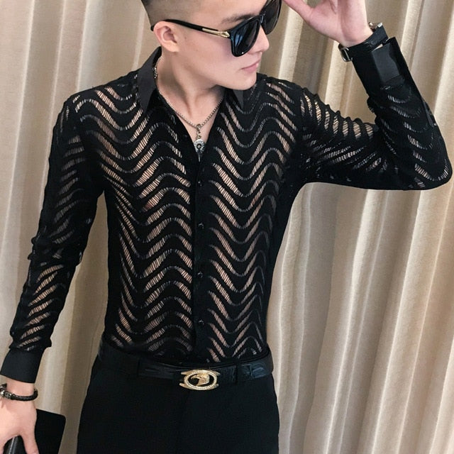 Stitch Wave Stripe Sexy See Through Style Men Shirts