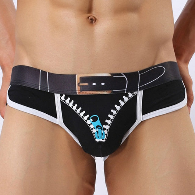 Belt and Open Front-Zipper Print Style Man Briefs
