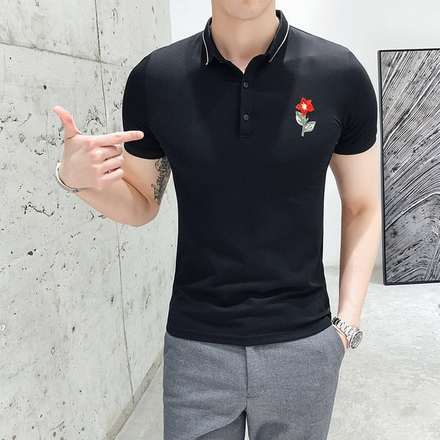 Basic Slim Fit with Tiny Flower Embroidery Men Polo Shirt - FanFreakz