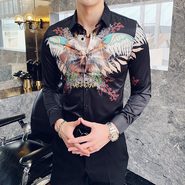 Flying Eagle Printing Slim Fit Style Men Long Sleeves Shirt