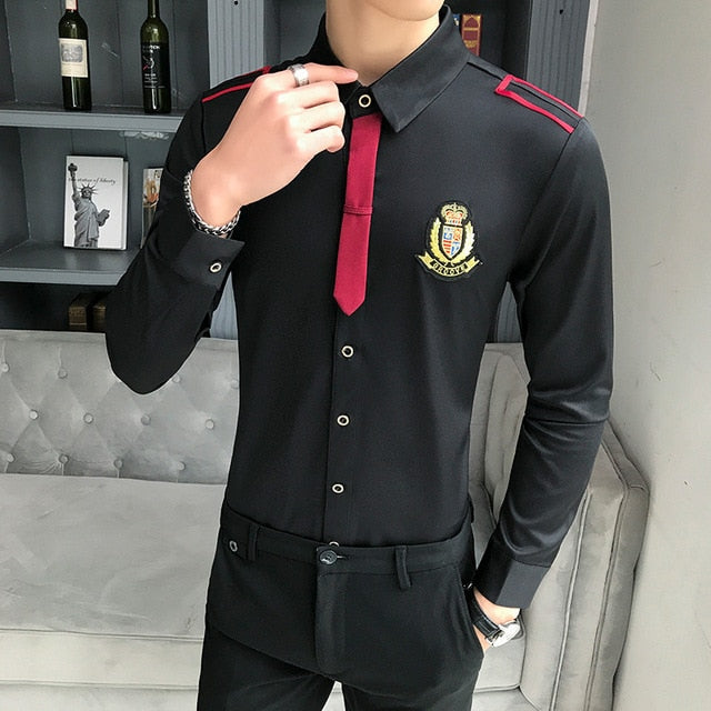 Military Look Men Tie Accent Epaulets Shirt