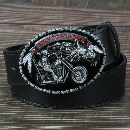 Biker and Wolf Buckle Faux Leather Belt