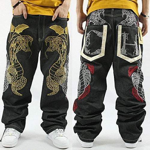Letter Python Embroidery Loose Jeans