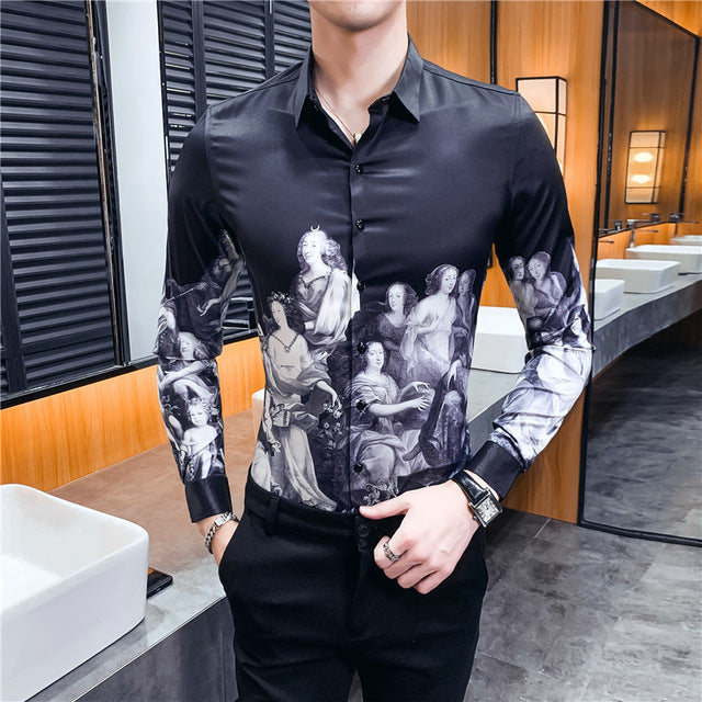 Casual European Roman Ladies Print Long Sleeve Men Shirt