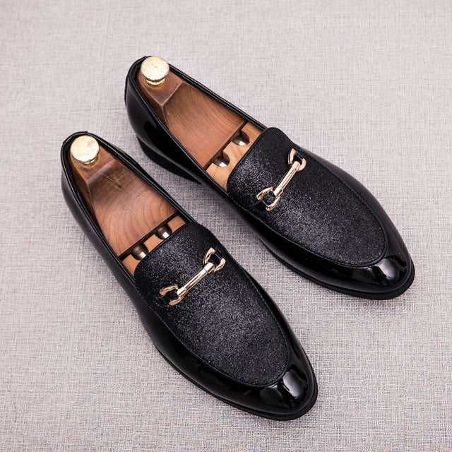 Black Elegant Pointed Toe with Shine Dust Top Cover Design Men Loafers Shoes