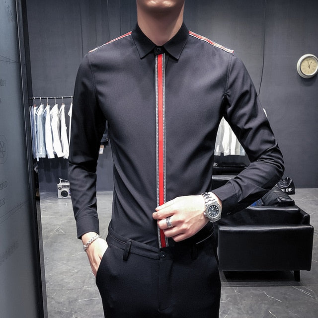 Solid Colour with Ribbon Button Line Design Men Long Sleeves Shirts