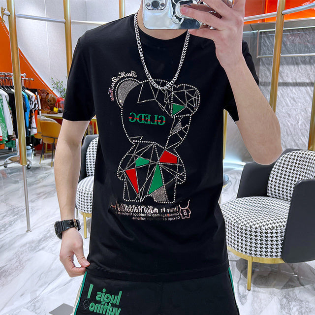 Bear Rhinestone Printed O-Neck T-Shirt