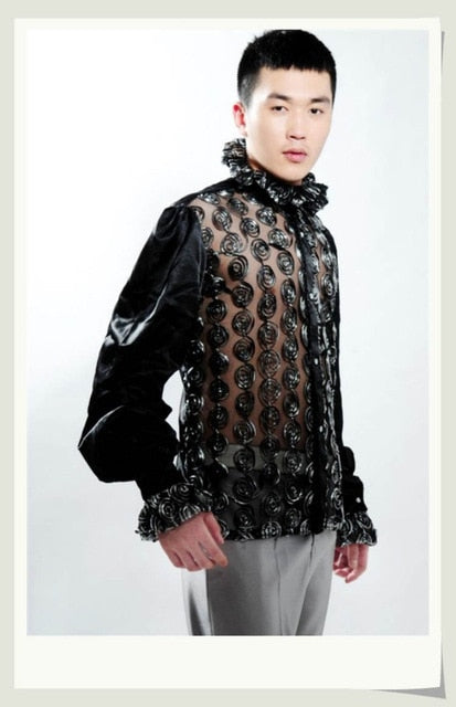 Sexy See Through Twirl Pattern Costume Design Men Shirt