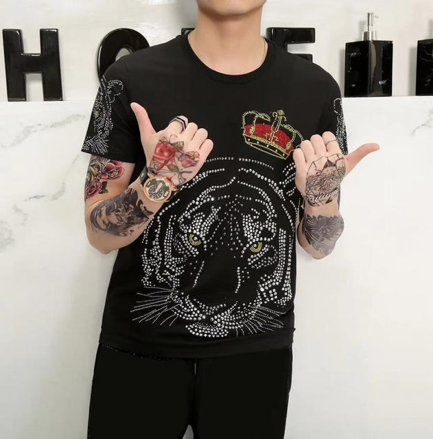Crowned Tiger Rhinestones Monochrome Men T-Shirt