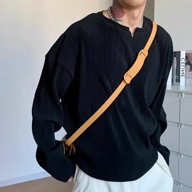 Solid V-Neck Pleated Stripe Loose T-Shirt