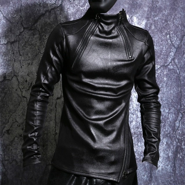 Black Stand Collar Gothic Slim Fit Punk Men Faux Leather Jacket