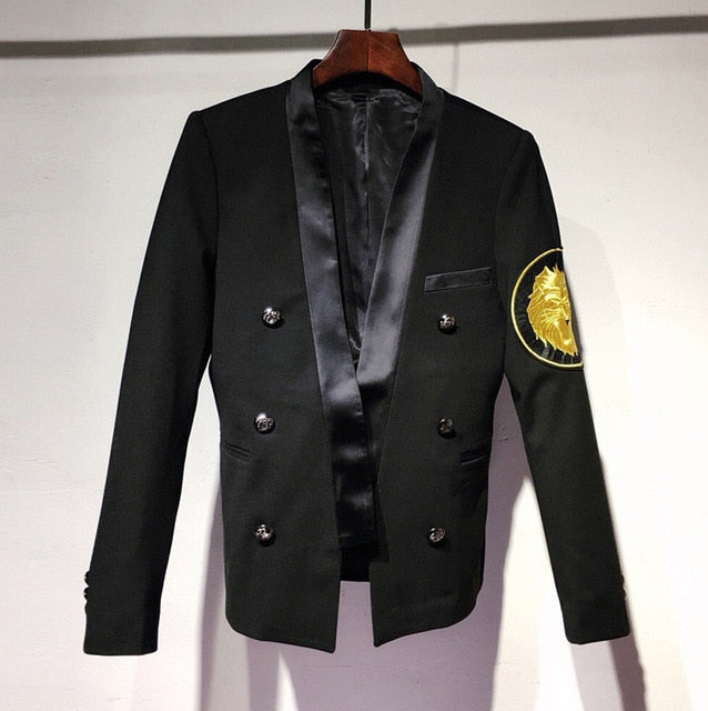 Lion Head Round Embroidery Sleeves Detail Men Black Blazer