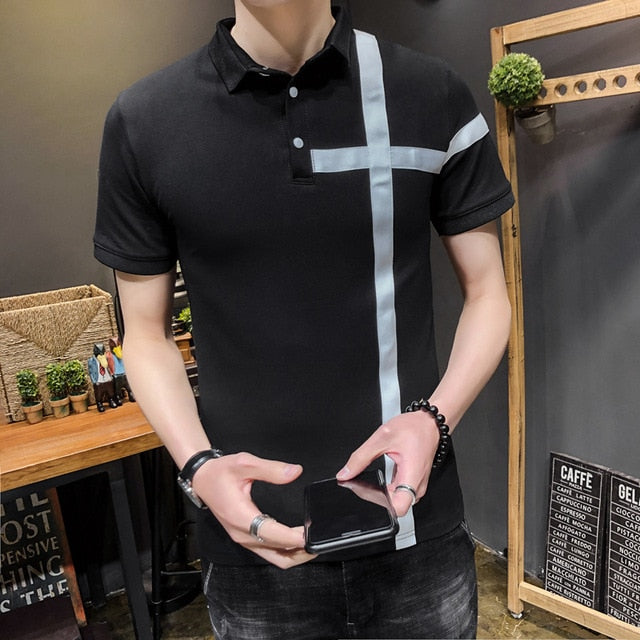 Solid with Simple Ribbon Patch Slim Fit Style Men Polo Shirt