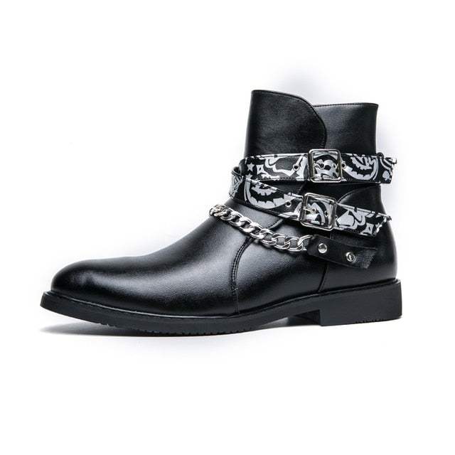 Chain Buckle Strap Pointed Toe Leather Boots