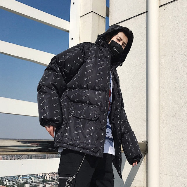 Cotton Padded Outerwear with Letter Printing Men Hooded Jacket - FanFreakz