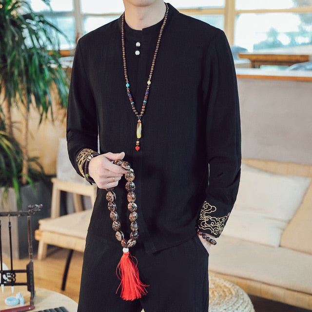 Linen Traditional Kung Fu Style with Simple Wrist Embroidery Men Long Sleeve Shirt
