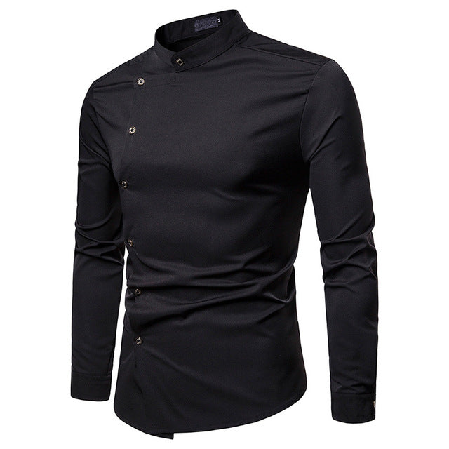 Solid White and Black Oblique Button Mandarin Collar Style Men Long Sleeve Shirt