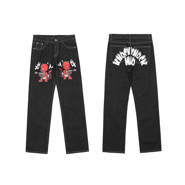 Cartoon Lil Evil Print Straight Denim Jeans
