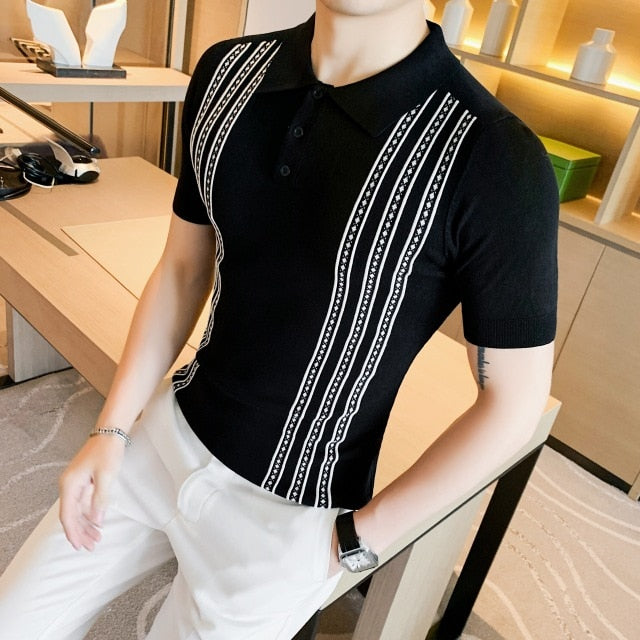 Side Vertical Stripes Buttoned Men Polo Shirt