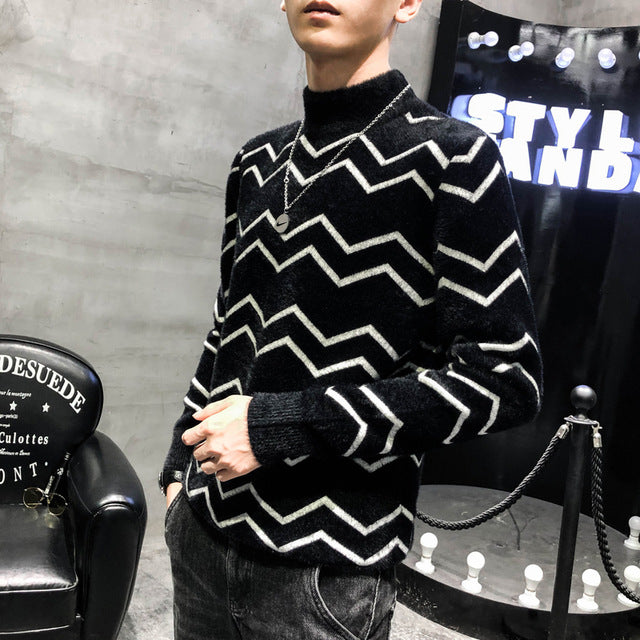 High Neck Stroke Stripe Casual Style Men Sweater