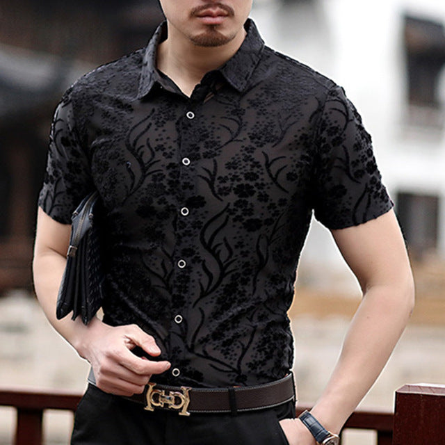 Floral Abstract Pattern Men Semi Sheer Shirt