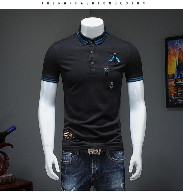 Summer Short Sleeve Embroidery Bee Turndown Collar Men Polo Shirt