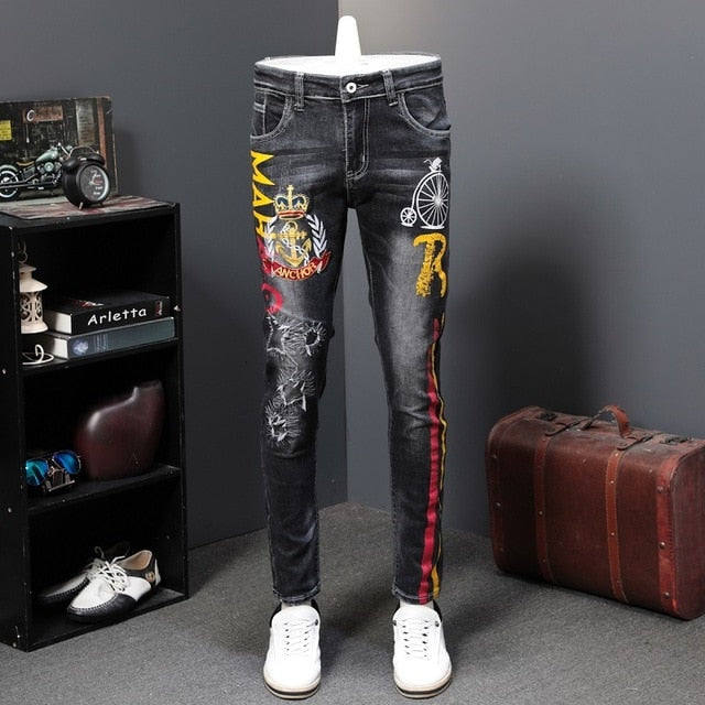 Black Ash with Colored Drawing Anchor Print Men Jeans