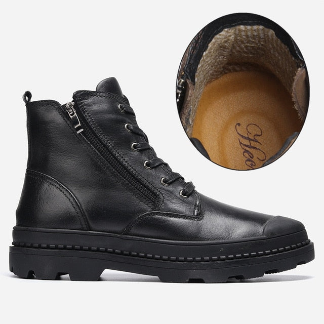 Retro Genuine Leather Warm Zip Basic Style Men Boots