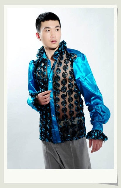 Sexy See Through Twirl Pattern Costume Design Men Shirt