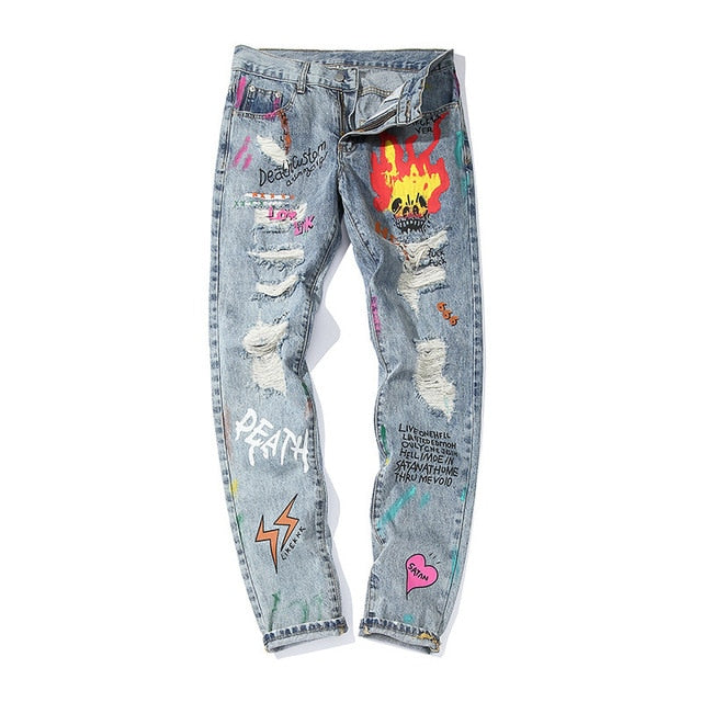 Destroyed Ripped Fire Broken Graffiti Print Men Jeans